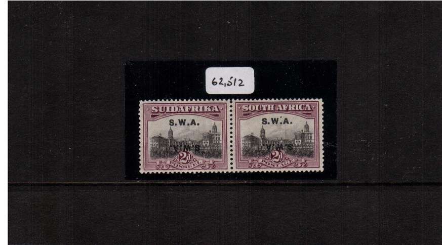 2d Grey and Maroon showing S.W.A. overprint double, one inverted lightly mounted mint pair with the benefit of a BPA certificate stating genuine. SG Cat 750
<br/><b>ZQD</b>