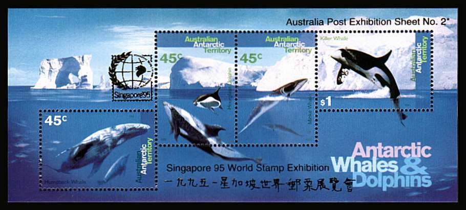 Antarctic Whales and Dolphins minisheet superb unmounted mint with GOLD overprint for SINGAPORE 95 stamp exhibition. Australia Post Exhibition Sheet No 2.  Scarce.<br/><b>ZQF</b>