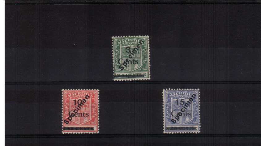 A fine lighlt mounted mint surcharged set of three with ''SPECIMEN'' handstamp on each. 
<br/><b>AQG</b>
