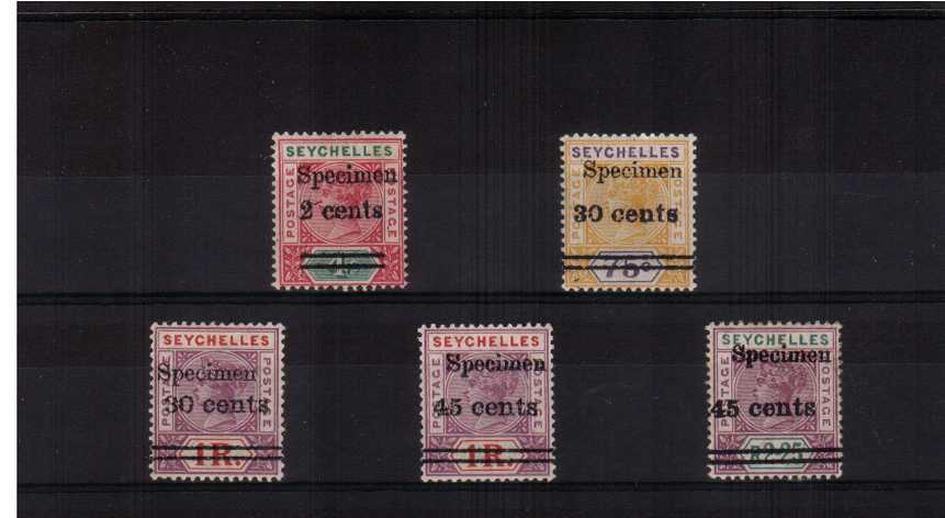 a fine lightly mounted mint set of five overprinted ''SPECIMEN''. Nice bright colours!
<br/><b>AQG</b>