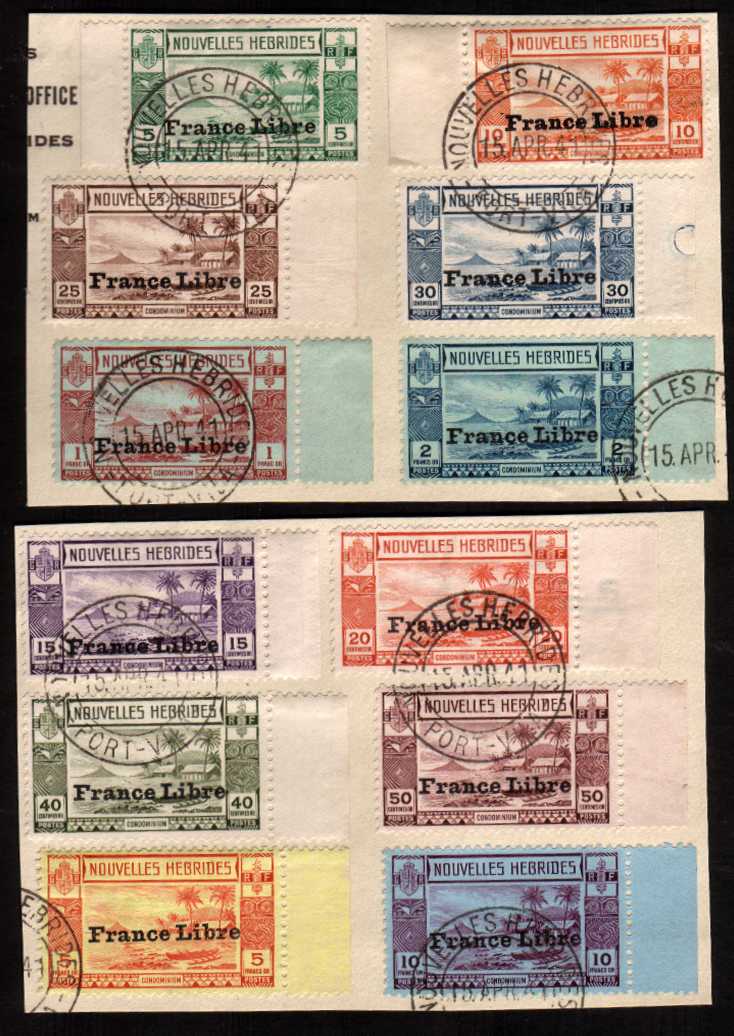 The Adherence to General de Gaulle overprint set of twelve superb fine used tied to two pieces cancelled with a double ring CDS dated 15 APR 41 - the first day of issue. 
<br/><b>ZKJ</b>