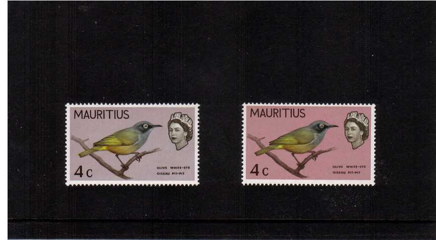 The 4c definitive single superb unmounted mint showing the error MAUVE-PINK OMITTED (stamp at left) with normal for comparison. The error results in the entire background wash being a different colour with the other colours unaffected.
<br/><b>ZKL</b>