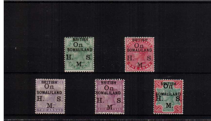 The ''BRITISH SOMALILAND'' overprint set of five on<br/>the ''On H. M. S.'' India set lightly mounted mint. 
<br><b>ZKS</b>