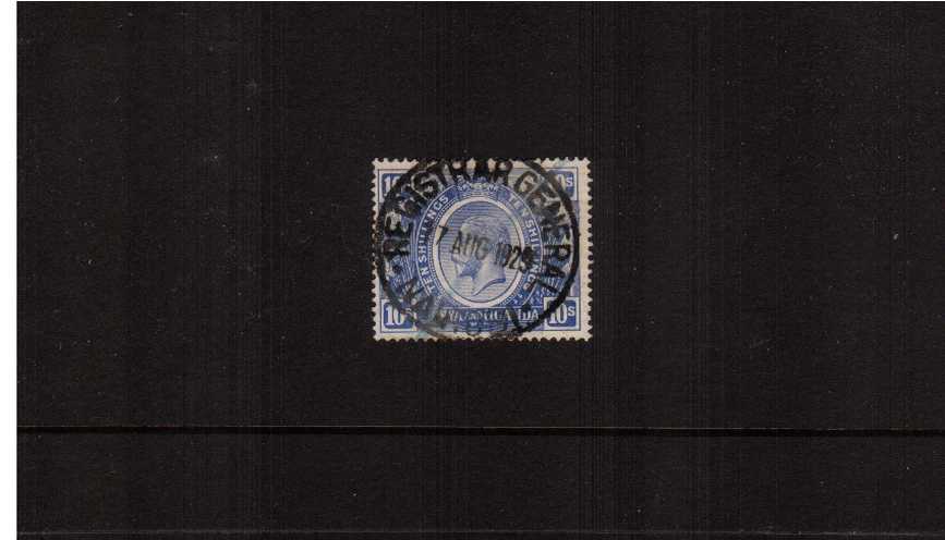 10/- Bright Blue. A good used single cancelled with a ''socked on the nose'' <br/>fiscal cancel for REGISTRAR GENERAL office dated 17 AUG 1929
<br><b>ZKS</b>