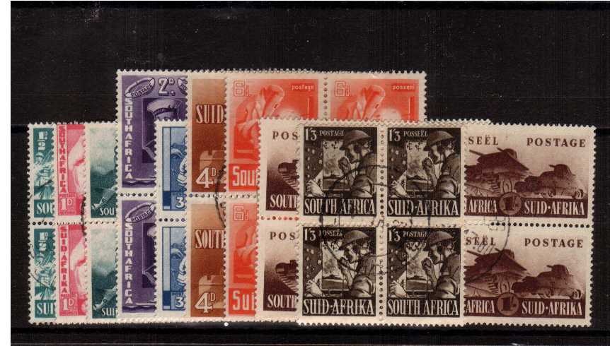 The WAR EFFORT set nine in superb fine used blocks of four each block cancelled with a CDS. Note that the 2d and 1/- is included as a block of four too. SG Cat 110 x2 = 220.00
<br><b>ZKX</b>