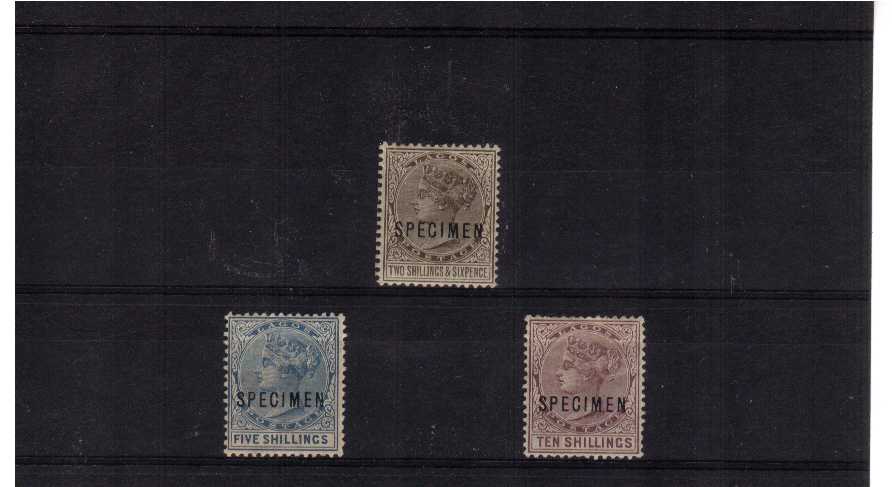 the 1886 set of three high values with odd perforation fault overprinted SPECIMEN. SG Cat �5 A very scarce set!