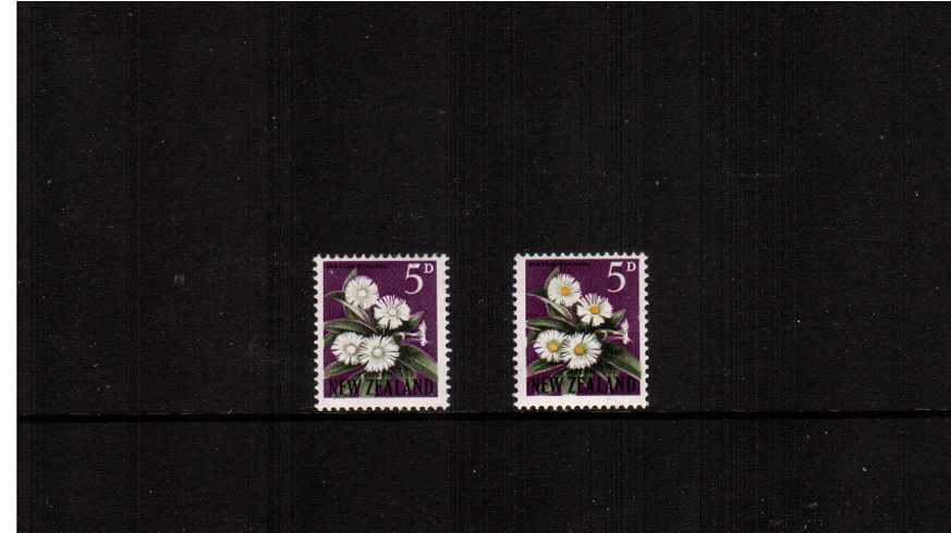 5d Yellow, Deep Green, Black and Violet.<br/>A very fine lightly mounted mint single showing the variety ''YELLOW OMITTED'' that affects the middle of the four flowers with normal for comparison.
<br/><b>ZCZ</b>