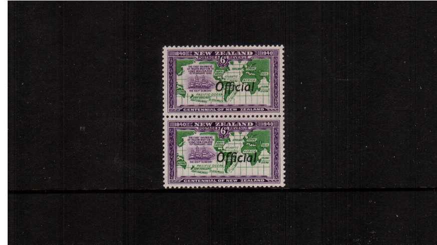 The 6d Centennial ''OFFICIAL'' single showing the joined ''ff'' listed variety on the upper stamp in a vertical pair with normal very, very lightly mounted mint with lower stamp being unmounted. <br/>SG Cat 112.00
<br/><b>ZCZ</b>