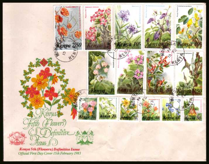 The first issue of the Flowers issue set of fifteen on an unaddressed <br/>colour FDC cancelled with a steel MOMBASA CDS.