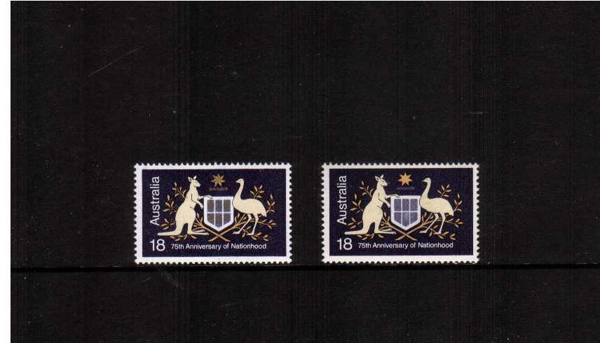75th Anniversary of Nationhood<br/>
A superb unmounted mint TYPE II (Emu showing toes) single showing the variety<br/>''GOLD (SHIELD AND STAR) OMMITED'' with normal for comparison. A rare stamp!
<br/><b>ZAZ</b>