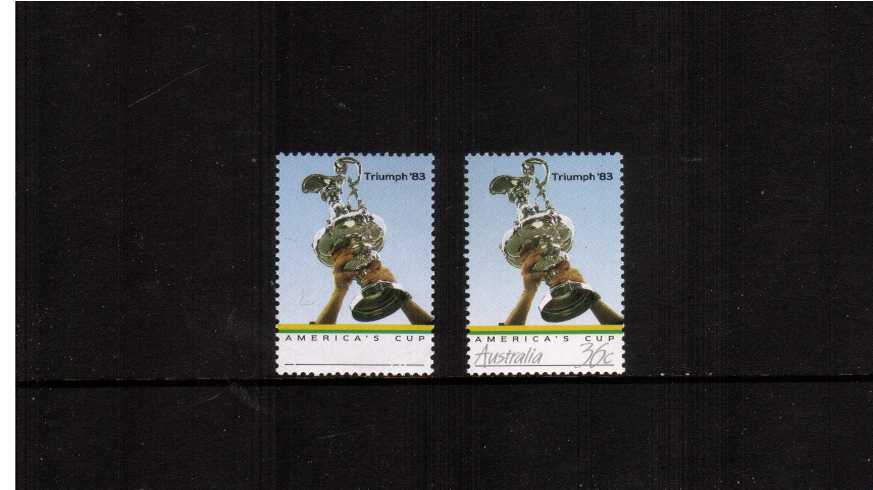Australian Victory in America's Cup<br/>The 36c single superb unmounted mint showing<br/>''GREY OMITTED (INSCRIPTION AND VALUE) OMITTED'' with normal for comparison.
<br/><b>ZAZ</b>