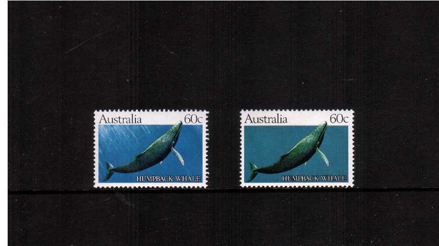 Whales<br/>
The 60c Humpback Whale superb unmounted mint from the trial printing showing the ''SOLID GREENISH BLUE BACKGROND'' with normal for comparison.<br/>Normal stamp has a different colour blue and white streaks.
 
<br/><b>ZAZ</b>