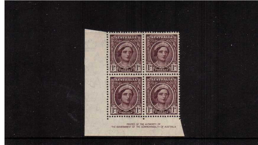 1d Purple Brown Authority Imprint SW corner block of four lightly<br/>mounted mint on the top two stamps.