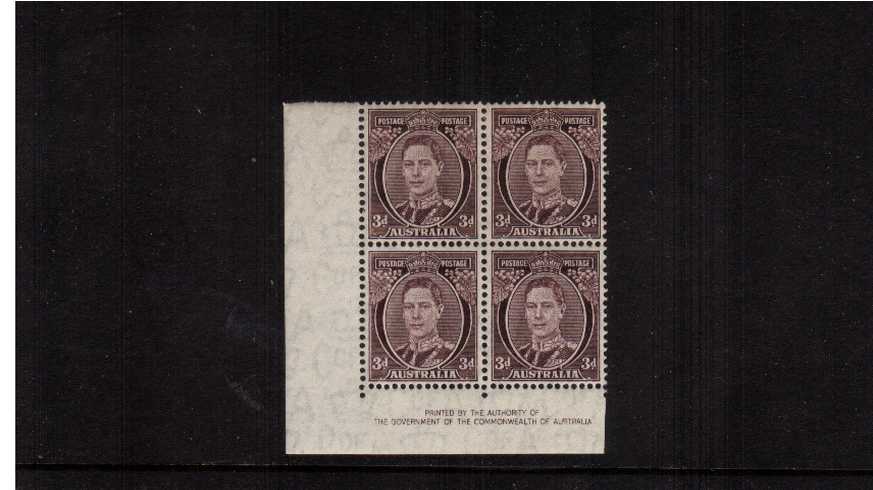 3d Purple-Brown Authority Imprint SW corner block of four lightly<br/>mounted mint on the top two stamps.