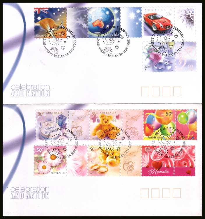 Greeting Stamps set of ten on two official unaddressed AUSTRALIA POST<br/> colour first day covers dated 7 JANUARY 2003