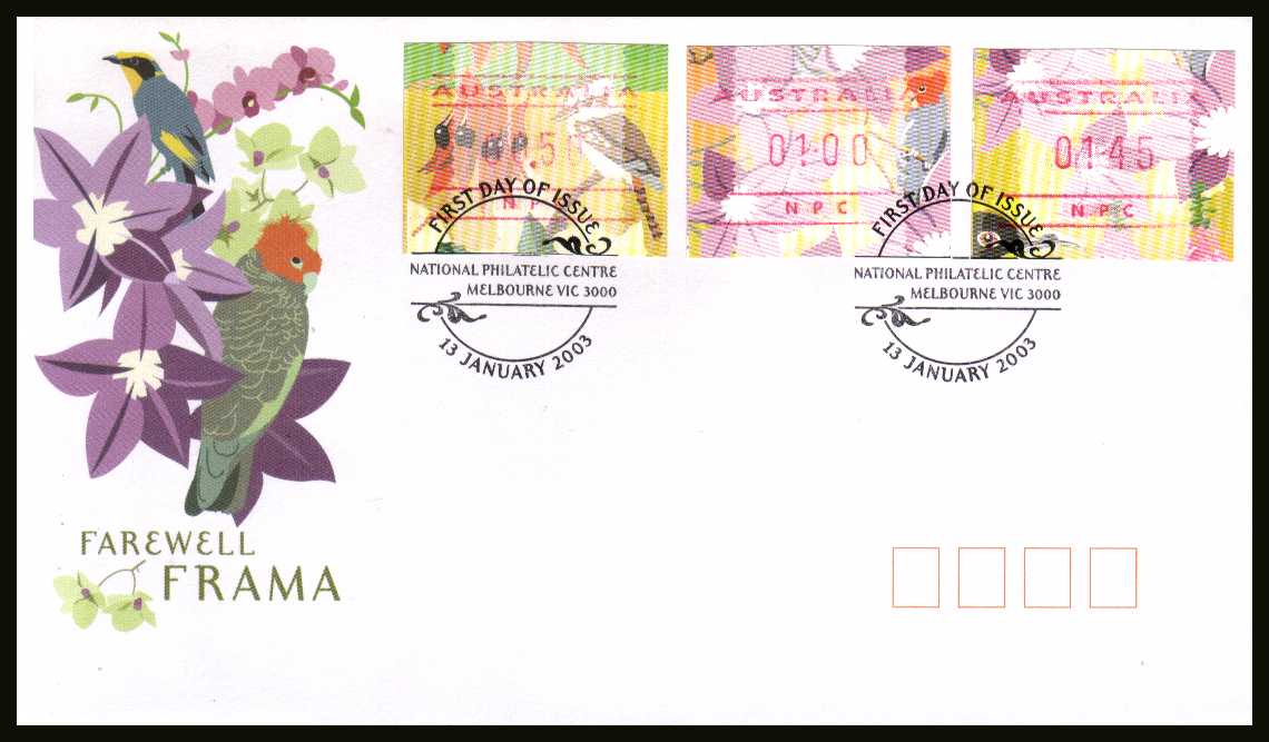 Farewell Frama set of three on an official unaddressed AUSTRALIA POST<br/> colour first day cover dated 13 JANUARY 2003