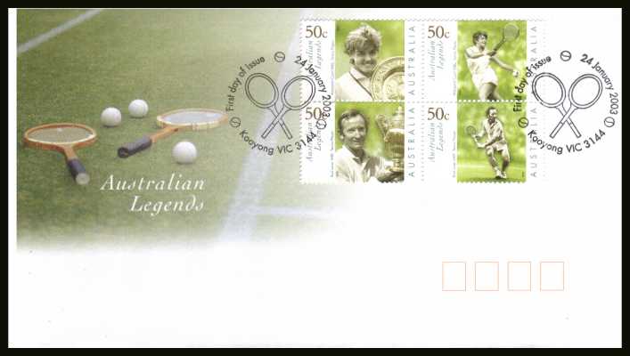 Australian Legends - 7th Series - Tennis Players block of four on an official unaddressed AUSTRALIA POST<br/> colour first day cover dated 24 JANUARY 2003