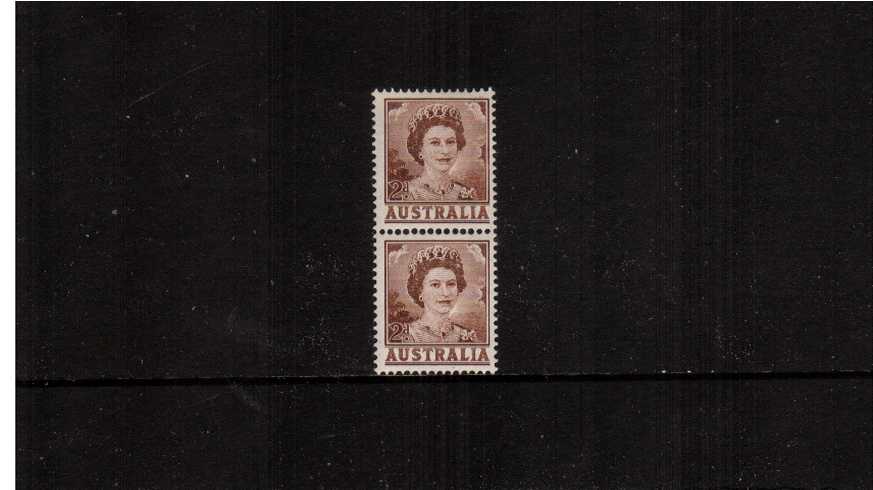 2d Brown in an unmounted mint vertical coil pair showing the distinctive special coil perforations between the two stamps. <br/><b>ZAZ</b>

