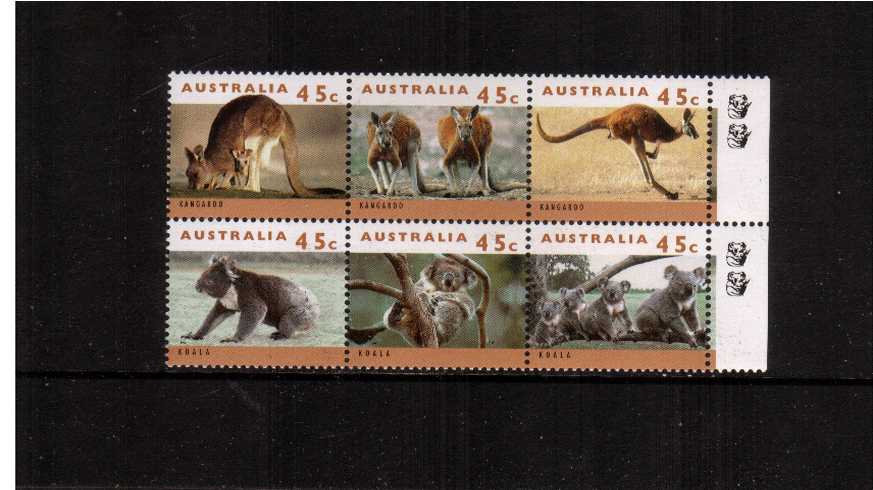 Australian Wildlife - 2nd Series<br/>
The australian wildlife in a superb unmounted mint block of six<br/>with Two Koala reprint imprint on right side margin.  
