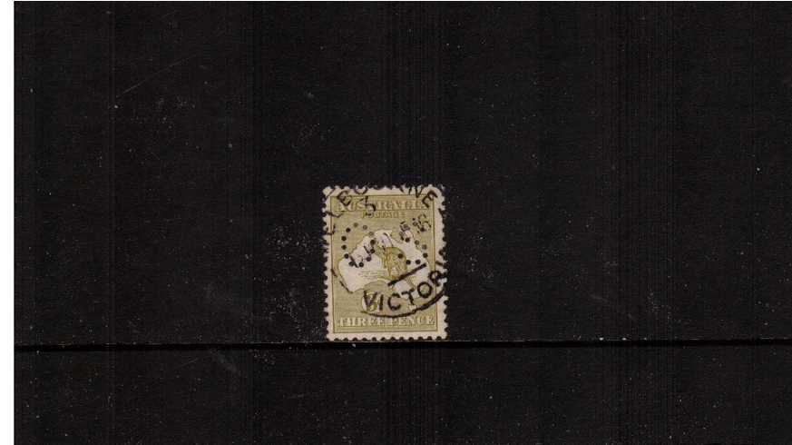 3d Olive - Die II<br/>A good used single very clearly from DIE II cancelled with a MELBOURNE - VICTORIA CDS perforated ''O S'' and without faults.