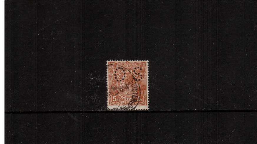 5d Brown - Perfotation 14¼x14 comb <br/>A good fine used single cancelled with a part CDS perforated ''O S''