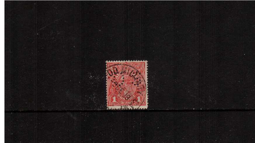1d Scarlet<br/>A good used single cancelled with a part CDS perforated ''O S'' with a blunt SE corner.