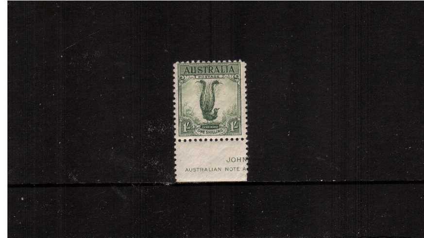 The Lyrebird - 1/- Green<br/>
A good mounted mint lower marginal (with part inscription) stamp.
<br/><b>XAX</b>