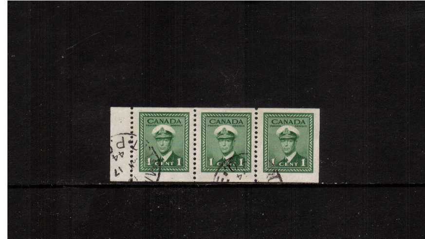 1c Green Booklet Pane - Imperforate x Perforation 12<br/>A superb fine used complete pane with the bonus of full margin at left. 
<br><b>XQX</b>