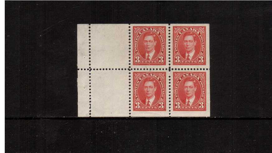 3c Scarlet booklet pane of four plus two labels very lightly mounted mint.
<br><b>XQX</b>