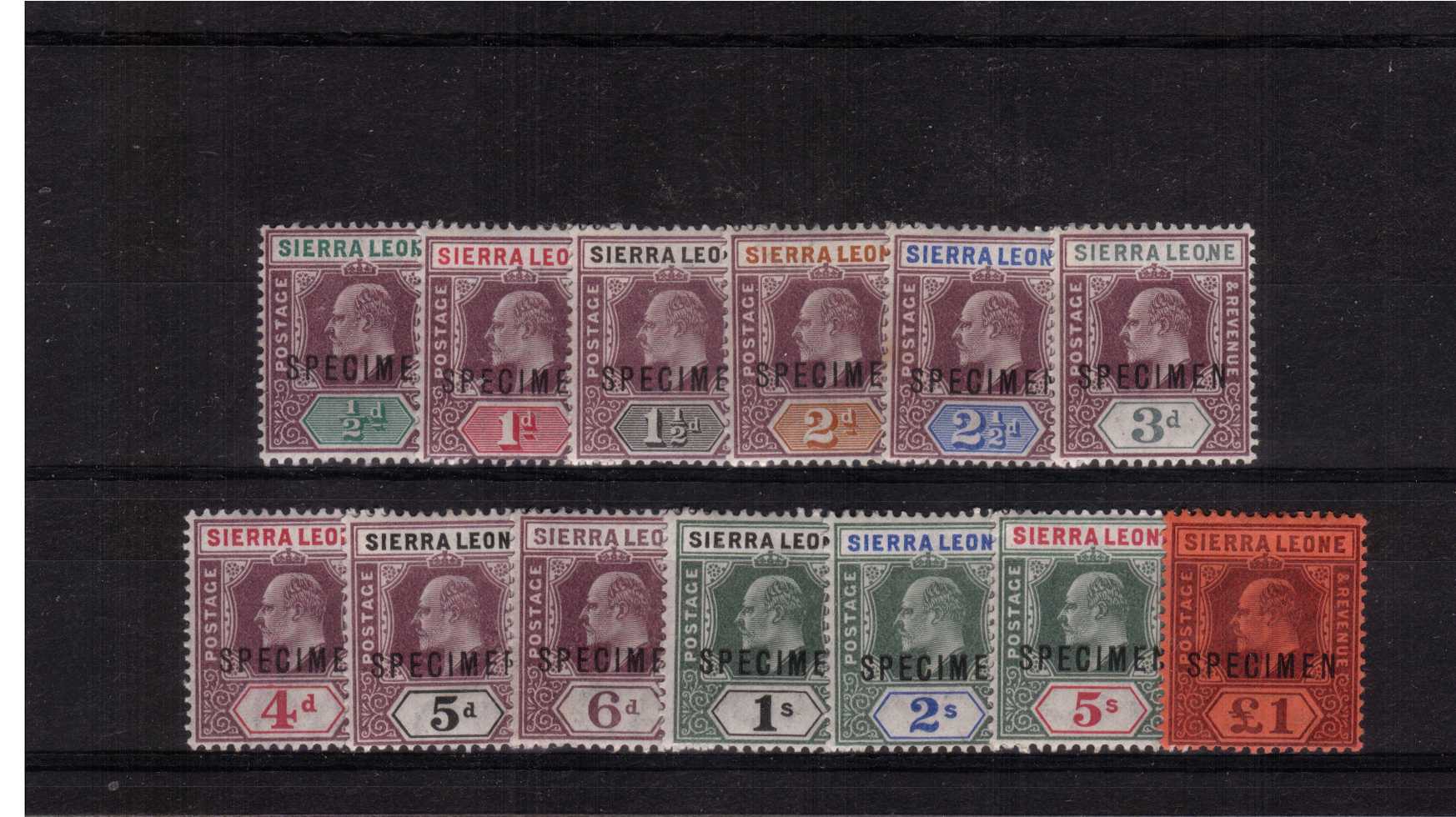 The first Edward 7th set overprinted ''SPECIMEN'' set of thirteen.
An exceptional set mostly unmounted mint with the others with a trace of hinge. Lovely!
<br/><b>XFX</b>