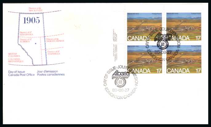 The Alberta single as a block of four on an Official FDC