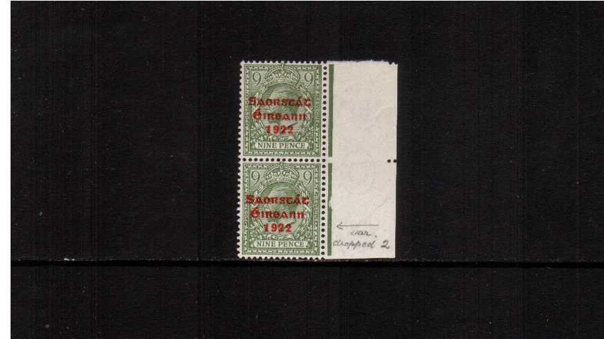9d Olive-Green with Red overprint. A superb unmounted mint right side vertical marginal pair showong a dropped second 