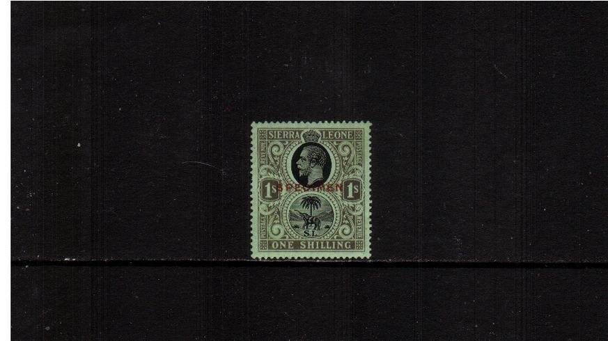 1/- Black on Emerald overprinted ''SPECIMEN'' in Red.<br/>A very lightly mounted mint single.
<br><b>XMX</b>