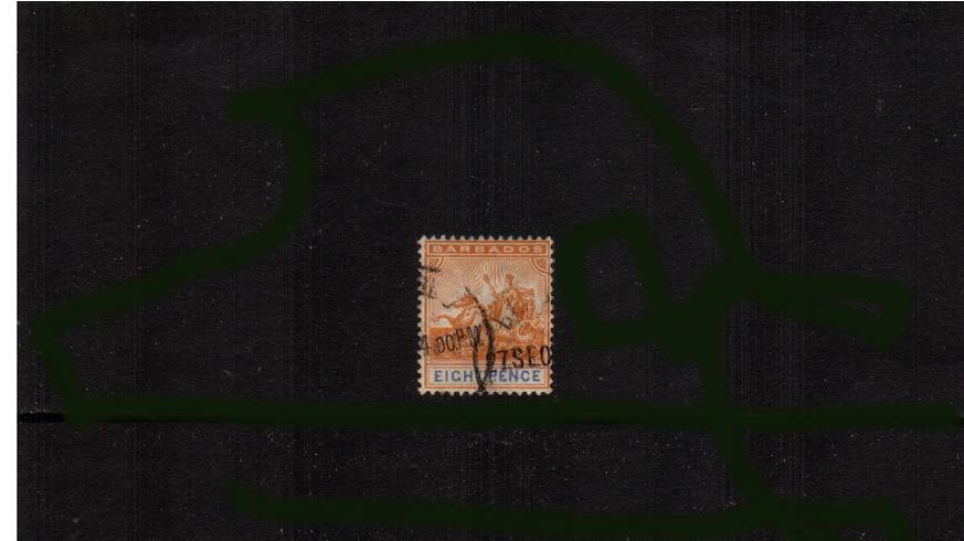 8d Orange and Ultramarine superb fine used cancelled<br/>with two strikes of a steel CDS. SG Cat �
