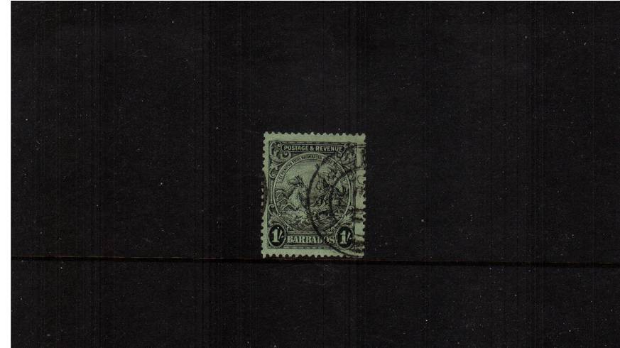 1/- Black on Emerald - Perforation 13絰12�  - ''Postage & Revenue''.<br/>A superb fine used single. SG Cat �