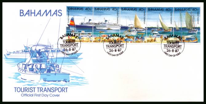 Tourist Transport strip of five part of set<br/>on an unaddressed illustrated FDC 
