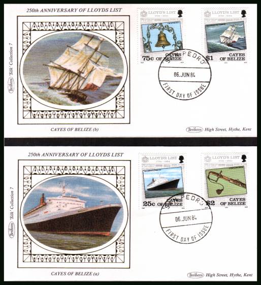 250th Anniversary of Lloyds List set of four on two different <br/>designs of a BENHAM ''Silk'' First Day Cover