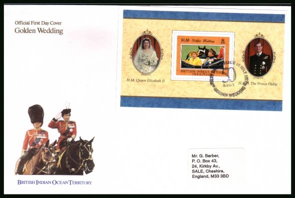 Golden Wedding of the Queen minisheet<br/>cancelled with special cancel on an illustrated, label addressed  First Day Cover