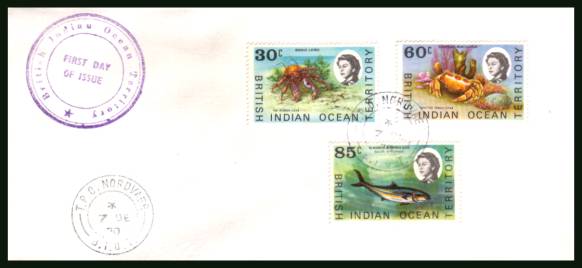 The three later values, 30c, 60c and 85c  of the Marine Life definitive set 
<br/>cancelled with a T.P.O. NORDVAER steel CDS on a plain First Day Cover