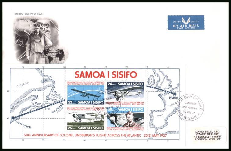 Lindbergh's Translantic Flight minisheet<br/>on an illustrated label addressd First Day Cover 


