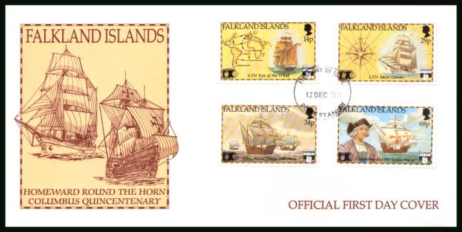 500th Anniversary of Discovery of America by Columbus<br/>on a PORT STANLEY cancelled unaddressed official full colour First Day Cover
