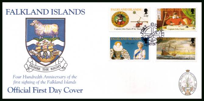 400th Anniversary of First Sighting of the Falkland Islands<br/>on a PORT STANLEY cancelled unaddressed official full colour First Day Cover
