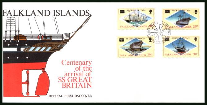 ''Ameripex '86'' Stamp Exhibition - S.S. ''Great Britain'' ship<br/>on a PORT STANLEY cancel unaddressed official full colour First Day Cover