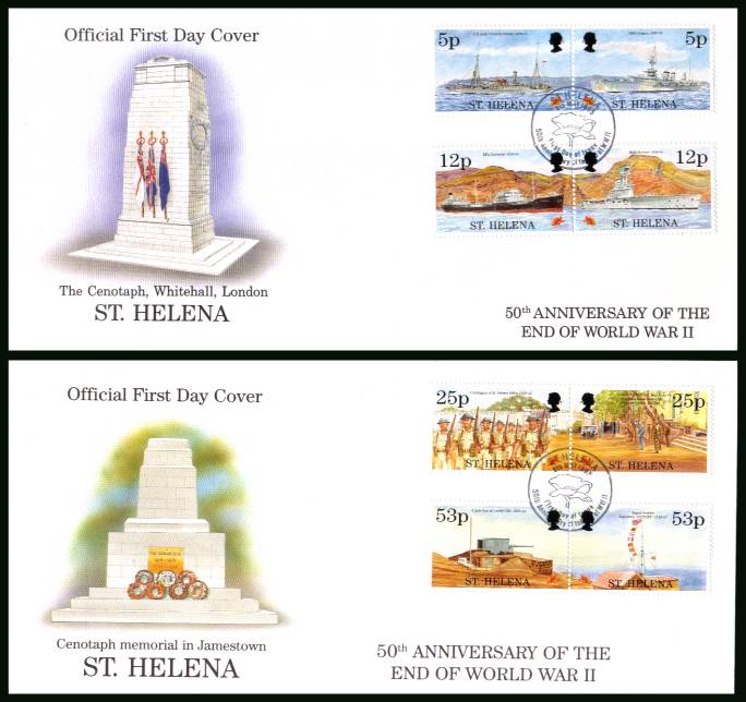 50th Anniversary of End of Second World War set of four pairs<br/>on two official unaddressed First Day Covers