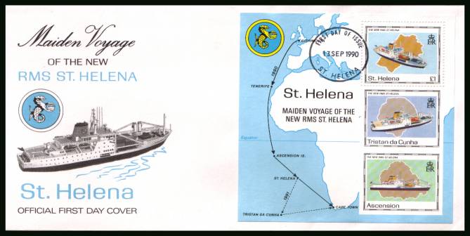 Maiden Voyage of RMS ST. HELENA ship minisheet<br/>on an official unaddressed  First Day Cover