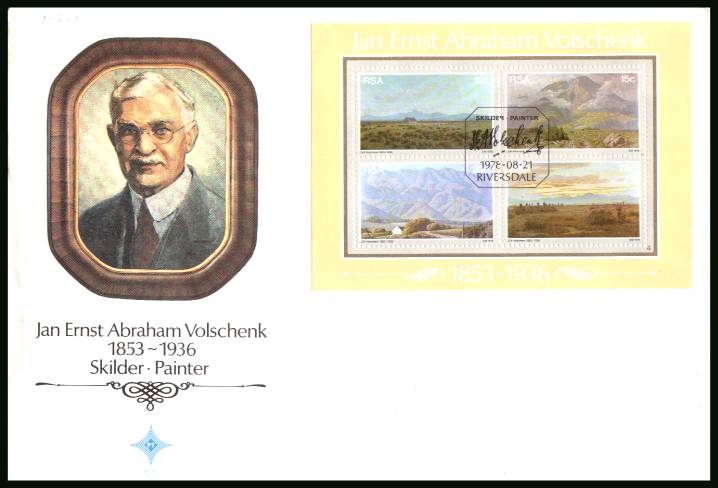 Birth Anniversary of J.E.A.Volschenk - Painter
minisheet<br/>on an official unaddressed First Day Cover
<br/>Cover number:S2