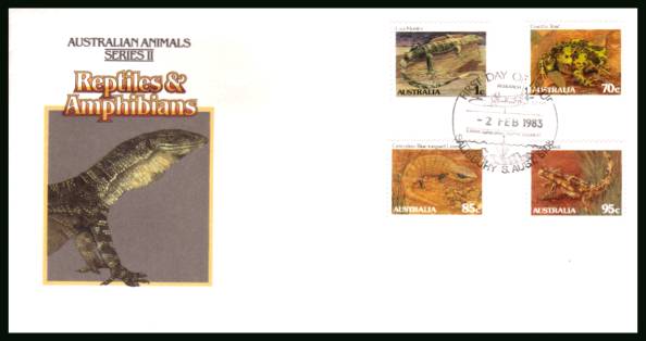 Australian Animals  - Series II - 1c, 70c, 85c & 95c definitives Reptiles & Amphibians<br/>on an official unaddressed First Day Cover