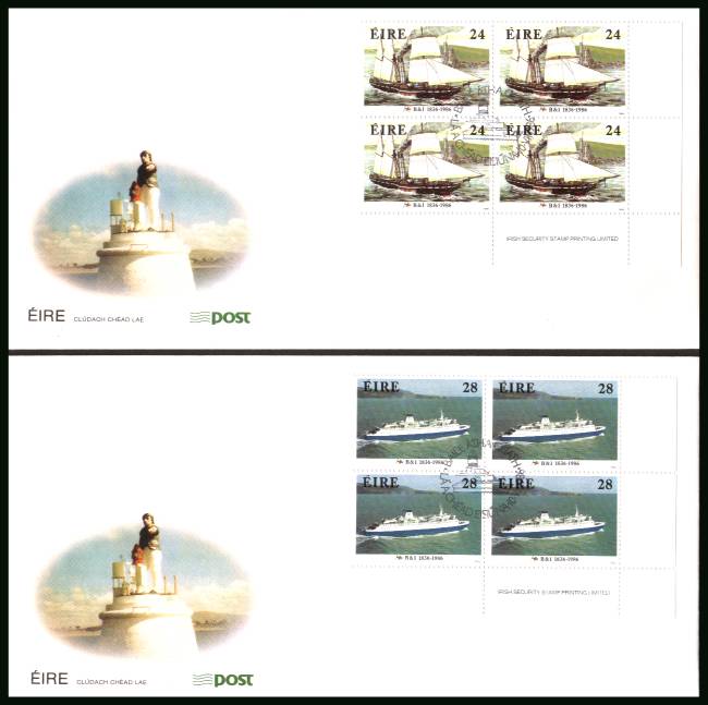 British and Irish Steam Packet Company set of two in IMPRINT corner blocks of four
<br/>on an unaddressed official First Day Covers

