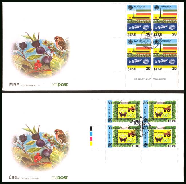 EUROPA - Protection of the Enviroment set of two in corner blocks of four
<br/>on two unaddressed official First Day Covers

