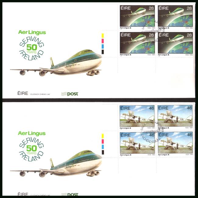 50th Anniversary of Aer Lingus - Airline set of two in corner blocks of four
<br/>on two unaddressed official First Day Covers

